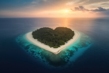 Wall Mural - Drone photo Maldivian island in the shape of heart, AI