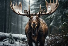 Majestic Moose In The Snow In The Forest. Generative AI