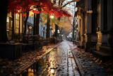 Fototapeta Londyn - Autumn city rainy landscape, orange golden foliage, fall wallpaper, AI Generated