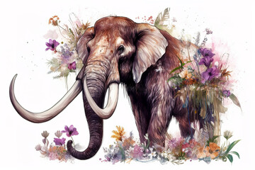 Wall Mural - Image of a mammoth surrounded by colorful tropical flowers. Wildlife Animals. Illustration, Generative AI.