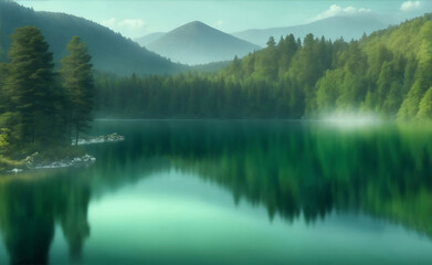 Green mountain lake surrounded by trees, Generative AI Illustration.