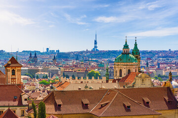 Wall Mural - Panoramic view of Prague's cityscape with tens of towers mixing heritage and modernity 