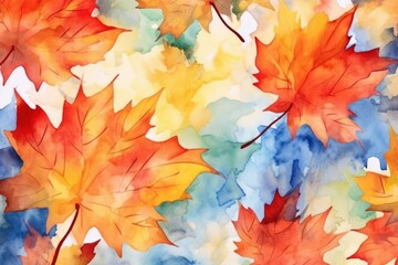 illustration watercolor art autumn background with maple leaves, generative ai