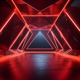 Fototapeta Przestrzenne - red neon tunnel in the dark room Red  Futuristic tunnel stage illuminated red 3d showroom