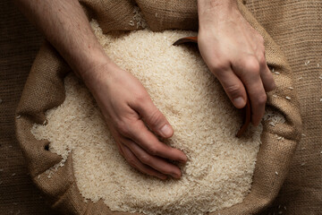 Wall Mural - Human hands holding handful of rice over burlap sack