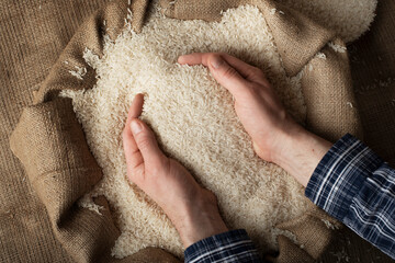 Wall Mural - Human hands holding handful of rice over burlap sack