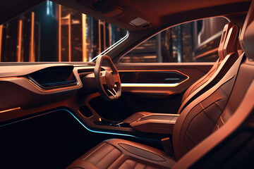 Brown car interior of future, futuristic design inside vehicle