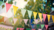 canvas print picture - Blur background colorful triangular flags of decorated celebrate outdoor party, vintage tone.