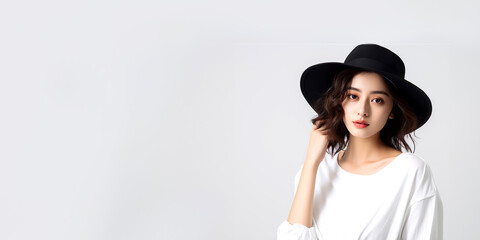 Asian woman with a white shirt and white background