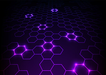 Wall Mural - Digital technology hexagon neon purple light line background