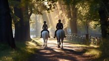 Two People In Park Riding A Horse, Forest Road, Sunshine