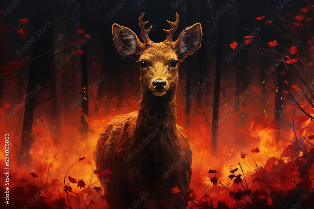 Fire in forest, animal portrait of deer standing against background of ...