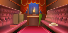 Vintage Train Interior Or Carriage Inside View With Beautiful Carriage Seats, A Suitcase, A Hat And A Kerosene Lamp. Evening Interior, Light From A Lamp. Vector Illustration