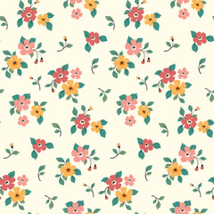 Wall Mural - Seamless floral pattern, liberty ditsy print, ornament with small cute flowers. Simple botanical design for fabric, paper: tiny hand drawn flowers, leaves on white background. Vector illustration.