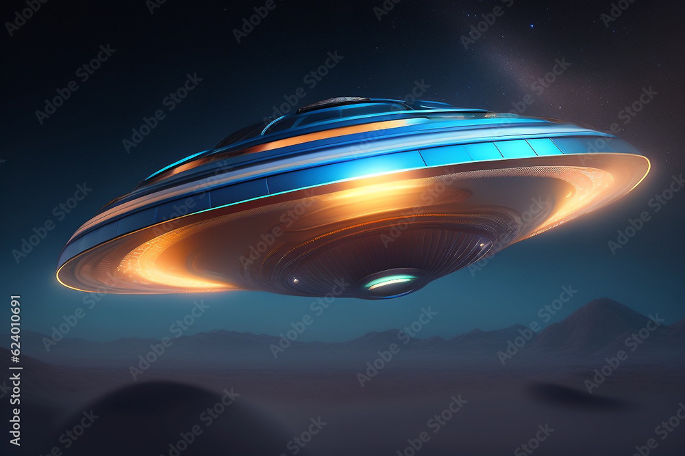 UFO flying over planet Earth, mountain. starry night sky background ...