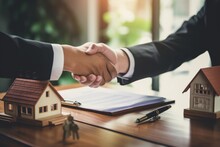 Business Success, Real Estate Agents And Customers Shake Hands To Congratulate After Signing A Contract To Buy A House With Land And Insurance, Handshake And Good Response Concept.