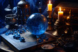 Fortune teller's table with flickering candle and crystal ball, dark mystery, generative ai