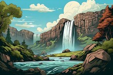 Landscape With A Waterfall. Waterfall In The Mountains.  Illustration In Pop Art Retro Comics Style. Poster For Advertising