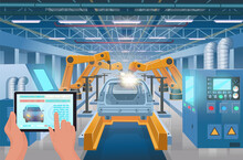Car Factory. Automation Automobile Factory With Machine Tools And A Conveyor. Industrial Interior. Smart Factory. Vector Cartoon Illustration