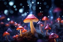 Mushrooms In The Forest At Night. Fantasy Landscape. 3d Rendering, 3d Illustration Of Abstract Background With Bokeh Lights And Mushrooms, AI Generated