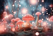 3d Render Of Fly Agaric Mushroom In A Forest With Bokeh Lights, 3d Illustration Of Abstract Background With Bokeh Lights And Mushrooms, AI Generated