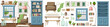 Living room interior design with an armchair, a blue bookcase, and a blue window. Furniture set. Interior constructor. Cartoon vector illustration