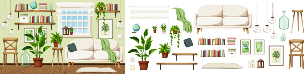 Poster - Scandinavian living room interior with a sofa, a chair, bookshelves, and houseplants. Cozy room interior design. Furniture set. Interior constructor. Cartoon vector illustration