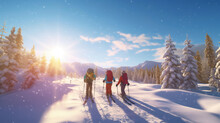 Skiing, Family Holidays In Snow-capped Mountains, Winter Resort On An Alpine Slope, Recreational Ski Orienteering.
Generative AI