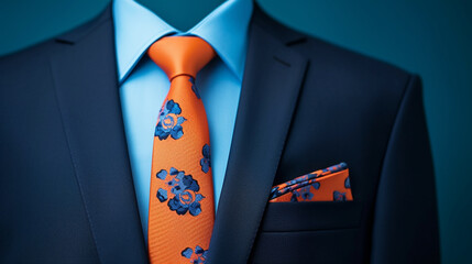 businessman suit in blue background with orange flower tie