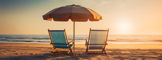 Two chairs on the beach next to an umbrella at sunset