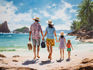 Wall Mural - Family - father, mother two daughters traveling on the beach: A seaside adventure	