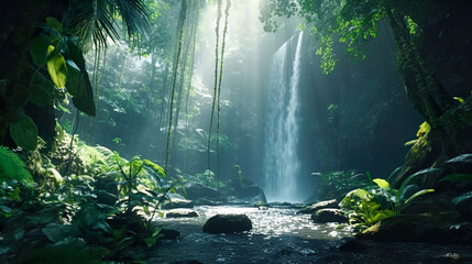 熱帯雨林の秘境の滝　Generative AI