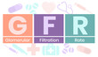 GFR - Glomerular Filtration Rate acronym. medical concept background. vector illustration concept with keywords. lettering illustration with icons for web banner, flyer, landing