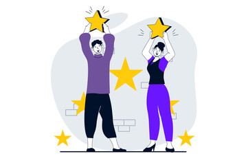 Aufkleber - Feedback page concept with people scene in flat design for web. Happy man and woman holding stars and giving best assessment rating. Illustration for social media banner, marketing material.