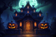 Halloween Haunted House With Bright Moon And Pumpkins. Halloween Background For Games. Halloween Spooky Mansion.