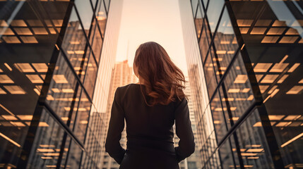 Wall Mural - Successful business woman standing in front of the commercial building 