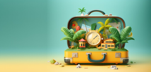 Travel suitcase with miniature palm trees leaves and tropical landscape on flat background. Creative concept for summer time, exotic travel. Generative AI 3d render illustration.