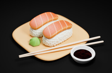 Wall Mural - Traditional japanese sushi with chopsticks and soy sauce on a wooden plate.,3d model and illustration.