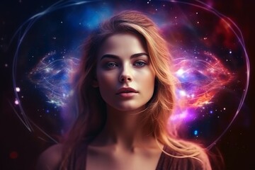 Wall Mural - Ethereal and mesmerizing woman portrait in a galaxy environment created with generative AI technology.