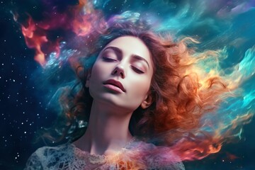 Wall Mural - Ethereal and mesmerizing woman portrait in a galaxy environment created with generative AI technology.