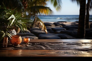 Poster - Paysage d'une plage avec des vagues et cocotiers , ia