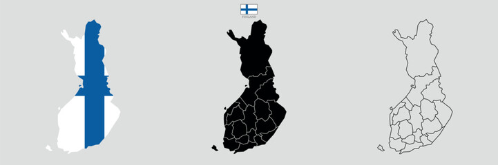 Wall Mural - Three Finland map background with states. Finland map isolated on white background with flag. Vector illustration map europe