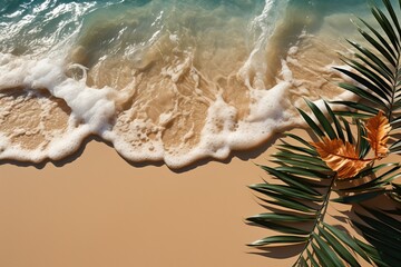 Wall Mural - Paysage d'une plage avec des vagues et cocotiers , ia