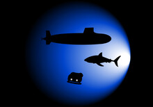 Silueta Negra De Un Submarino, Un Dron Y Un Tiburón Sobre Un Foco De Luz Azul En La Oscuridad Del Fondo Marino