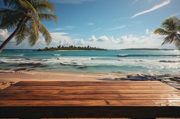 Wall Mural - Paysage d'une plage avec des vagues et cocotiers , ia