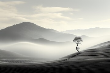 Wall Mural - Paysage en noir et blanc, paisible et calme avec des dunes et un arbre, ia