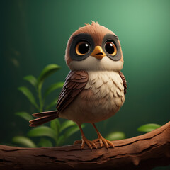 Wall Mural - Cute Nightingale, 3d cartoon, big eyes, friendly, solid background, minimalistic