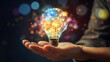 © oldwar - Hand holding drawing virtual lightbulb with brain on bokeh background for creative and smart thinking idea concep, Generative Ai