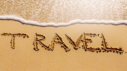 travel lettering written on the sand on a golden sunny sandy beach in resort on summer vacation, top view, generative Ai