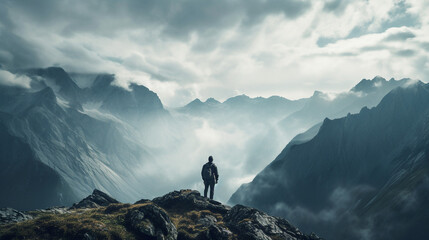 Man on top of mountain landscape